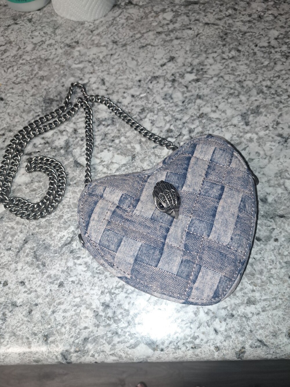 Kurt Geiger Heart-Shaped Denim Crossbody Bag in Washed Blue W/ Pink Tint - Picture 2 of 5